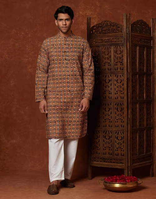 Beige Cotton Printed Slim Fit Long Kurta