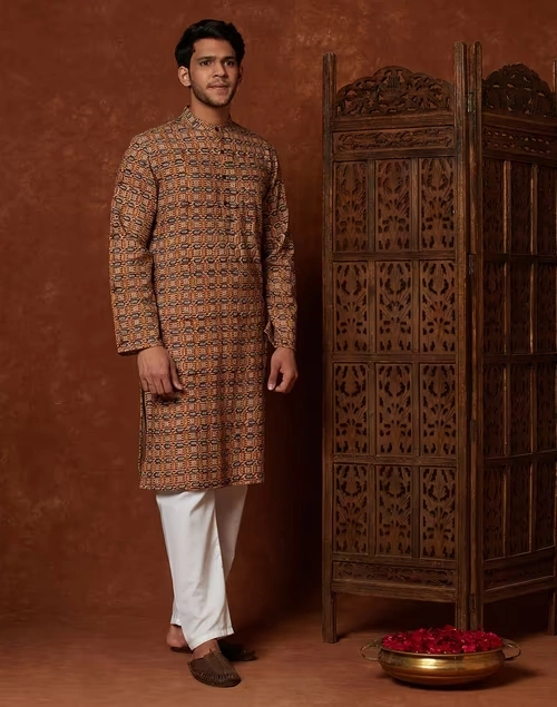 Beige Cotton Printed Slim Fit Long Kurta