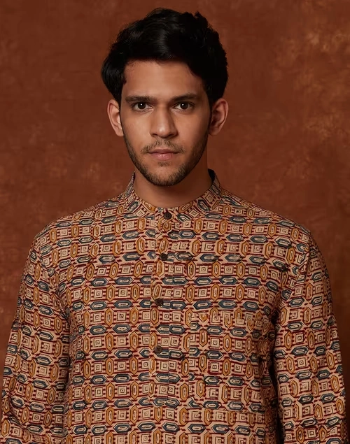 Beige Cotton Printed Slim Fit Long Kurta