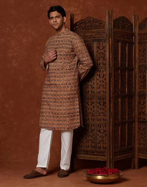 Beige Cotton Printed Slim Fit Long Kurta