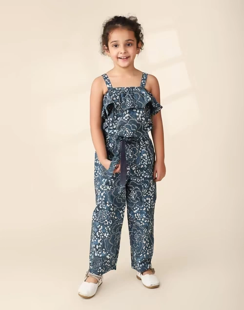 Navy Cotton Printed Straight Jumpsuit