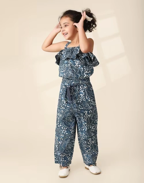 Navy Cotton Printed Straight Jumpsuit