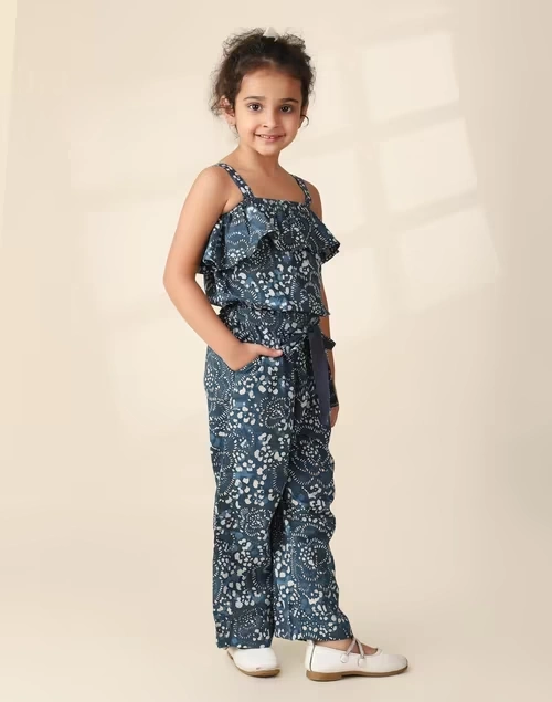 Navy Cotton Printed Straight Jumpsuit