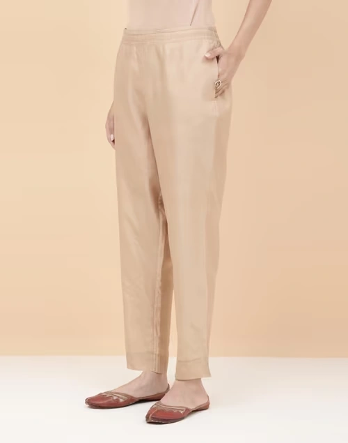 Beige Cotton Silk Full Length Ethnic Pant
