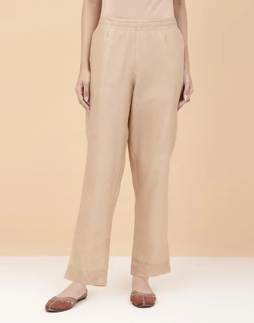 Beige Cotton Silk Full Length Ethnic Pant