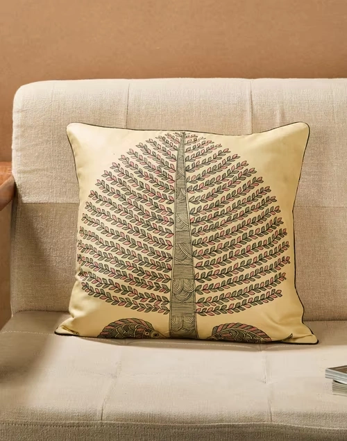 Beige Viscose Silk Madhubani Printed Cushion Cover