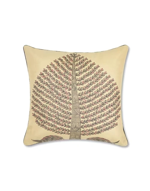Beige Viscose Silk Madhubani Printed Cushion Cover