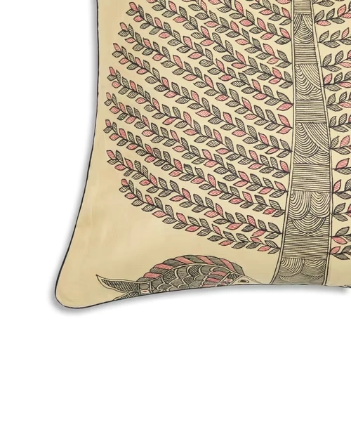 Beige Viscose Silk Madhubani Printed Cushion Cover 4 Beige Viscose Silk Madhubani Printed Cushion Cover
