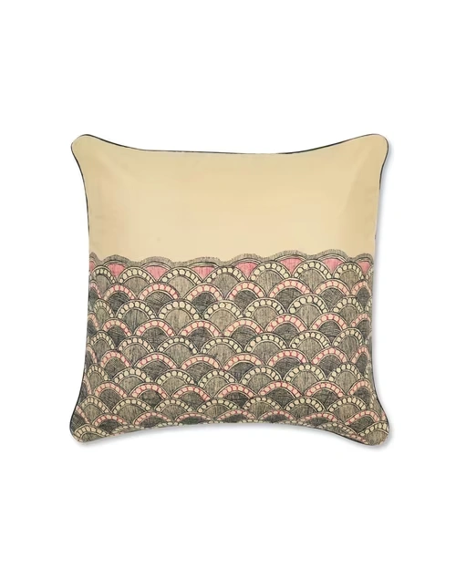 Beige Viscose Silk Madhubani Printed Cushion Cover