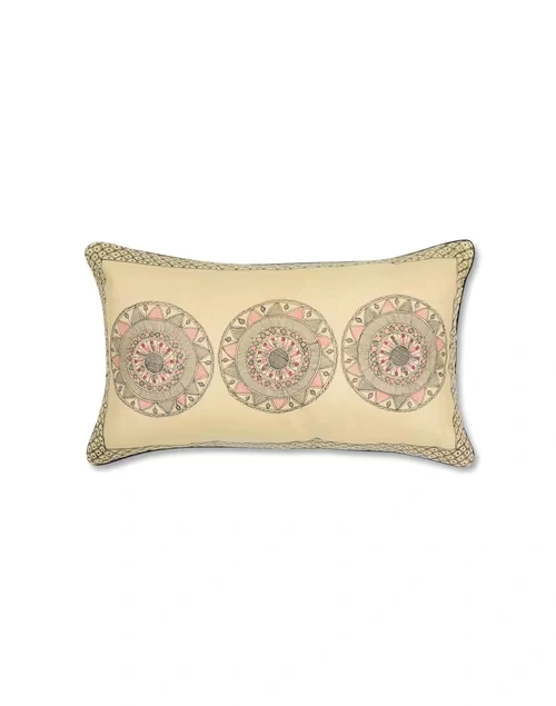 Beige Viscose Silk Madhubani Printed Cushion Cover