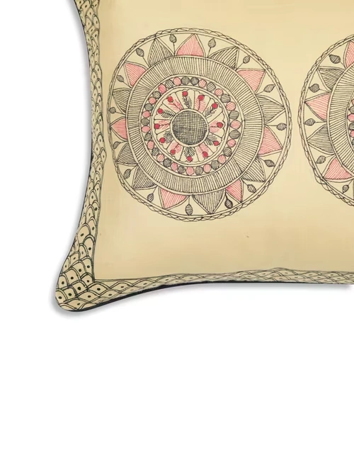 Beige Viscose Silk Madhubani Printed Cushion Cover 4 Beige Viscose Silk Madhubani Printed Cushion Cover