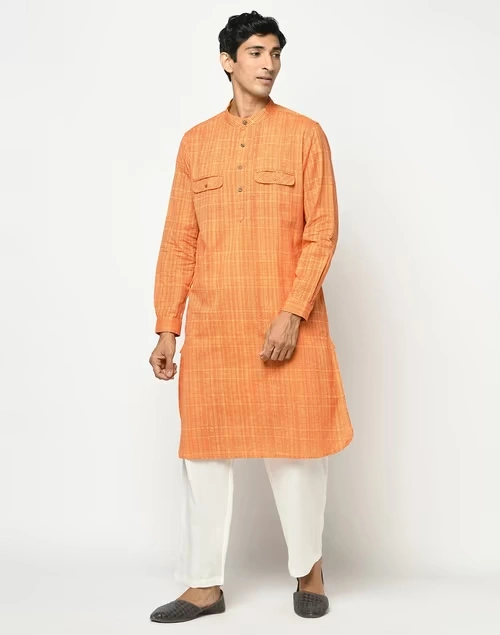 Cotton Striped Cuff Slim Fit Long Kurta