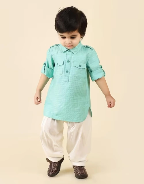 Turquoise Viscose Blend Dobby Straight Kurta Set