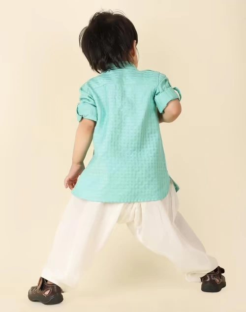 Turquoise Viscose Blend Dobby Straight Kurta Set