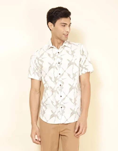 White Cotton Printed Slim Fit Shirt