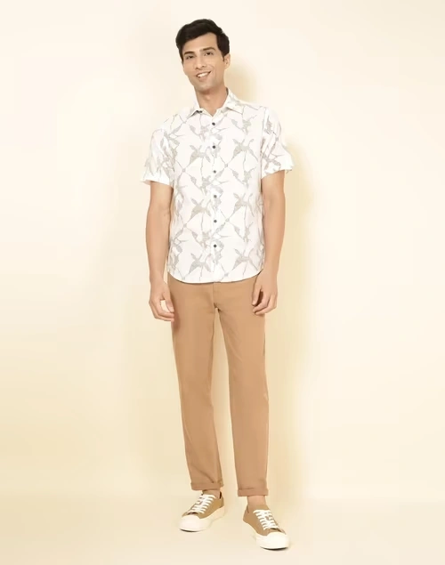 White Cotton Printed Slim Fit Shirt