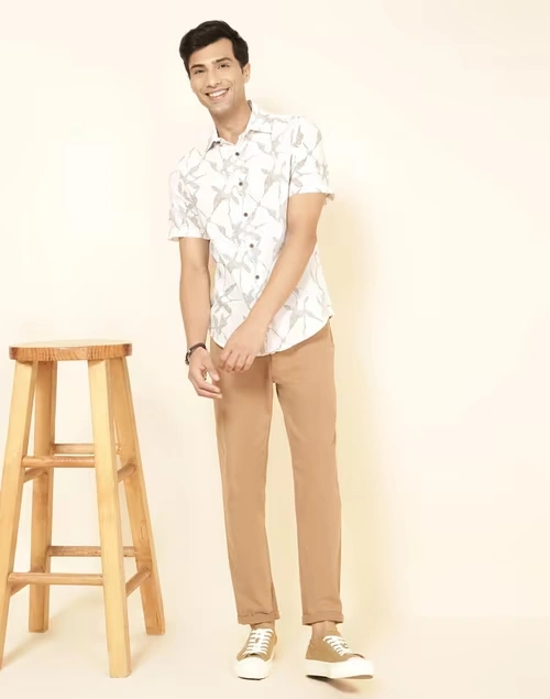 White Cotton Printed Slim Fit Shirt