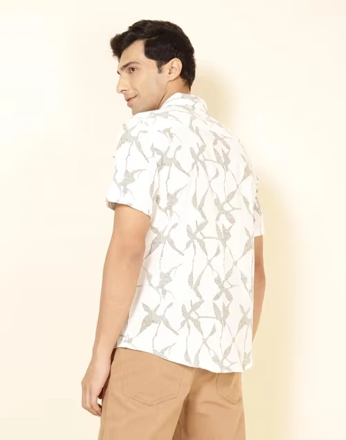 White Cotton Printed Slim Fit Shirt