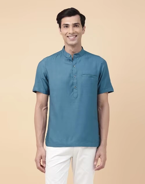 Blue Viscose Blend Curved Slim Fit Mid Placket Shirt