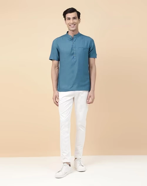 Blue Viscose Blend Curved Slim Fit Mid Placket Shirt