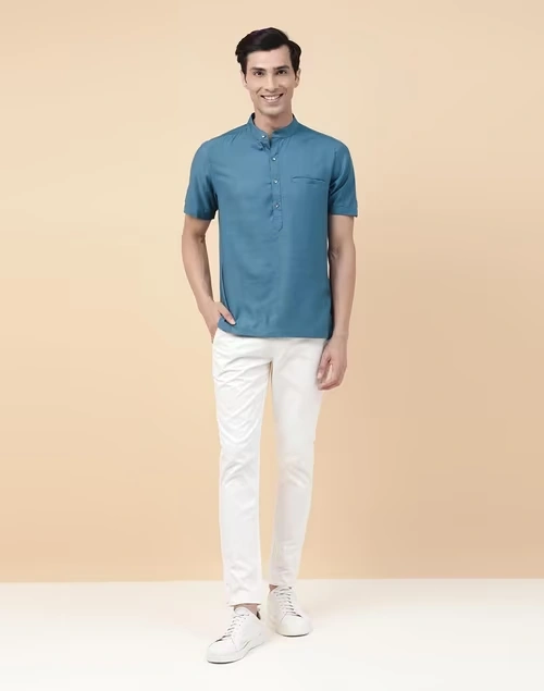 Blue Viscose Blend Curved Slim Fit Mid Placket Shirt