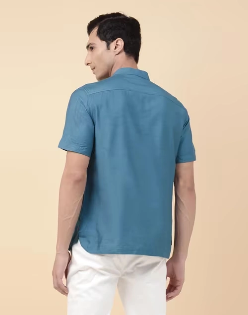Blue Viscose Blend Curved Slim Fit Mid Placket Shirt