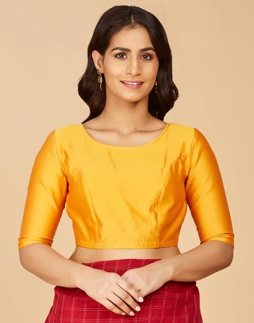 Mustard Cotton Silk Printed Blouse Stitched
