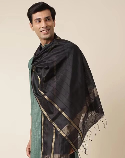Black Cotton Silk Maheshwari Men Stole