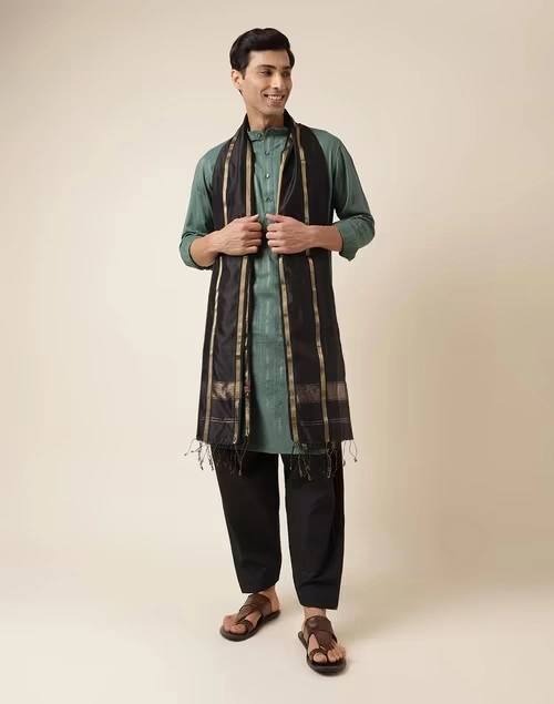Black Cotton Silk Maheshwari Men Stole