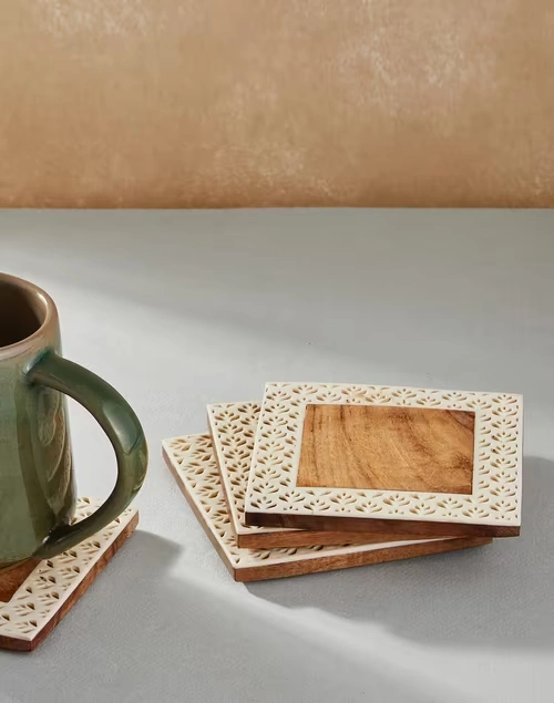 Brown Aavegh Cutwork Wood Coasters Set Of 4