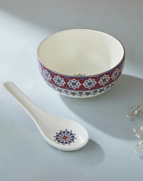 Multi Falak Ceramic Soup Bowl With Spoon