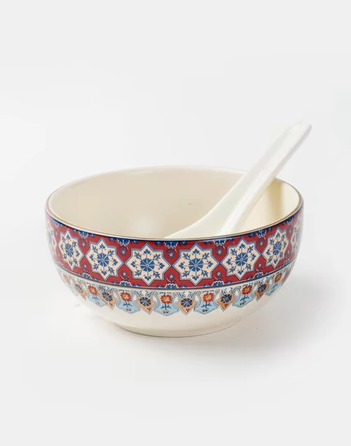 Multi Falak Ceramic Soup Bowl With Spoon