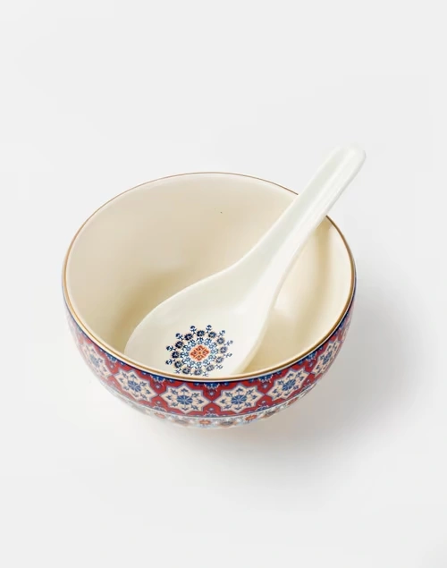 Multi Falak Ceramic Soup Bowl With Spoon 3 Multi Falak Ceramic Soup Bowl With Spoon
