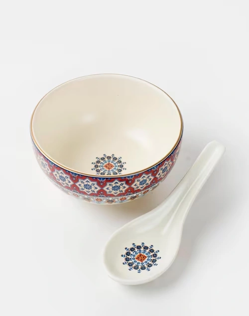 Multi Falak Ceramic Soup Bowl With Spoon 4 Multi Falak Ceramic Soup Bowl With Spoon