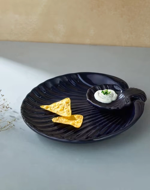 Blue Phulwari Ceramic Glazed Chip & Dip Platter