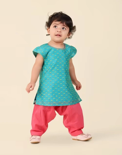 Teal Cotton Silk Hand Block Printed 2Pc Salwar Set