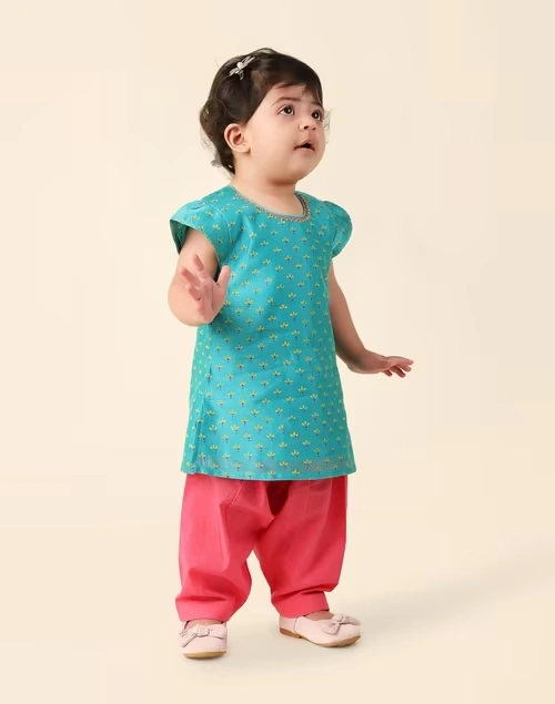 Teal Cotton Silk Hand Block Printed 2Pc Salwar Set 3 Teal Cotton Silk Hand Block Printed 2Pc Salwar Set