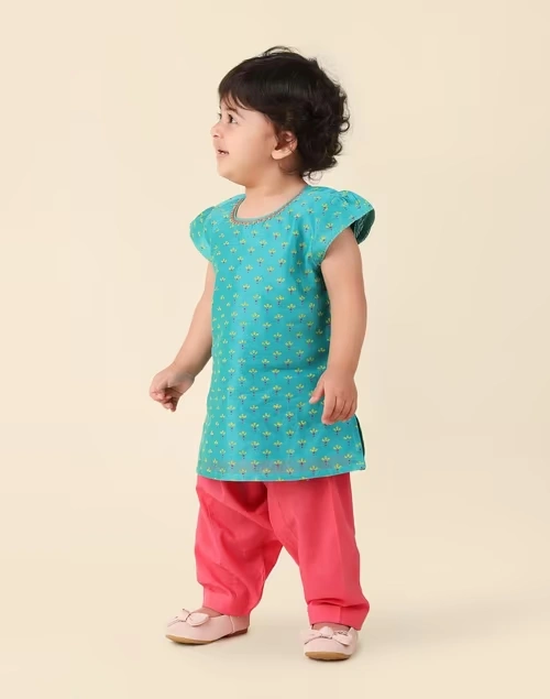 Teal Cotton Silk Hand Block Printed 2Pc Salwar Set 4 Teal Cotton Silk Hand Block Printed 2Pc Salwar Set