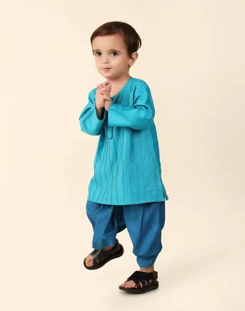 Teal Viscose Silk Curved 2Pc Dhoti Set 4 Teal Viscose Silk Curved 2Pc Dhoti Set