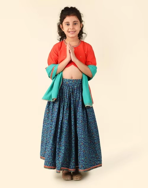 Blue Cotton Printed 3Pc Lehenga Set