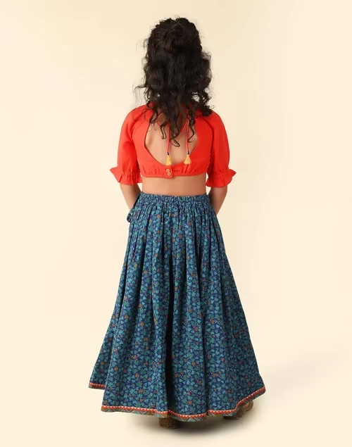 Blue Cotton Printed 3Pc Lehenga Set
