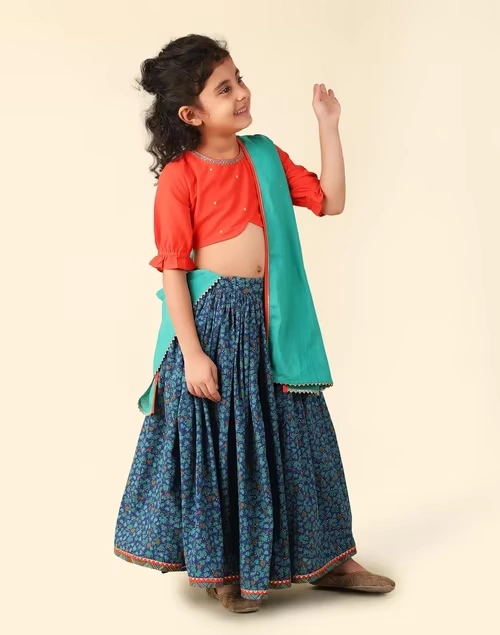 Blue Cotton Printed 3Pc Lehenga Set 3 Blue Cotton Printed 3Pc Lehenga Set