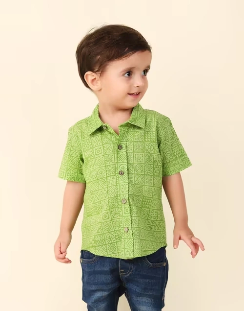 Green Cotton Hand Block Printed Shirt