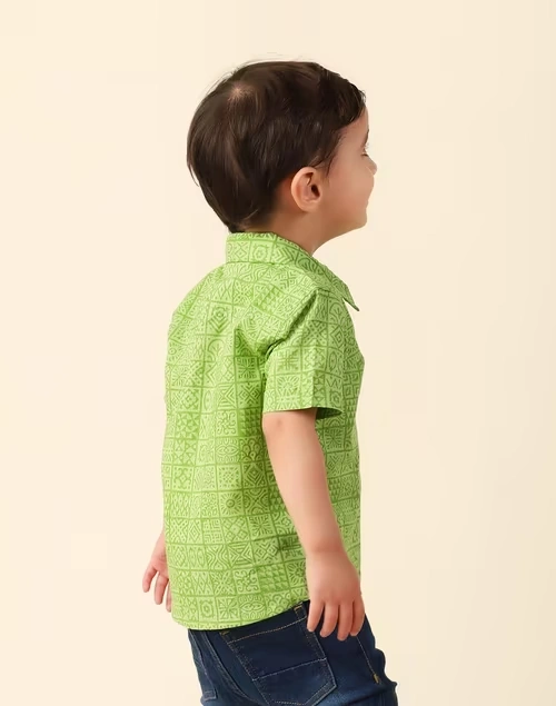 Green Cotton Hand Block Printed Shirt