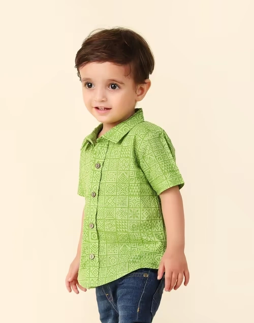 Green Cotton Hand Block Printed Shirt 3 Green Cotton Hand Block Printed Shirt