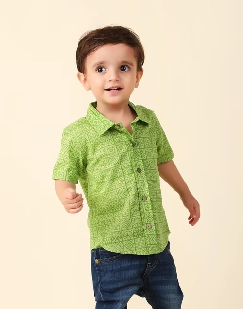 Green Cotton Hand Block Printed Shirt 4 Green Cotton Hand Block Printed Shirt