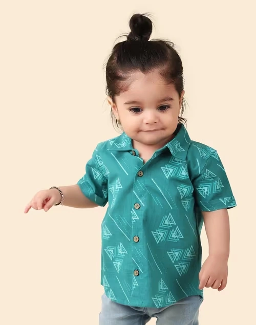 Teal Cotton Printed Shirt