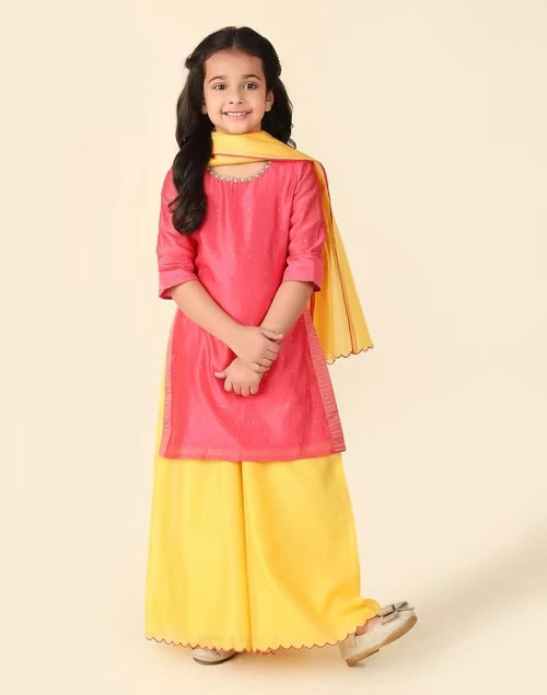 Pink Cotton Silk Printed 3Pc Palazzo Set