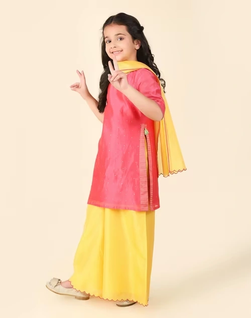 Pink Cotton Silk Printed 3Pc Palazzo Set 3 Pink Cotton Silk Printed 3Pc Palazzo Set