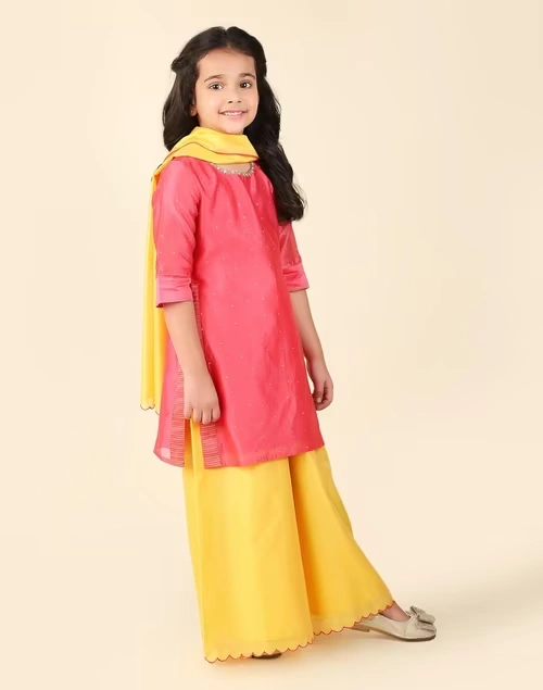 Pink Cotton Silk Printed 3Pc Palazzo Set 4 Pink Cotton Silk Printed 3Pc Palazzo Set